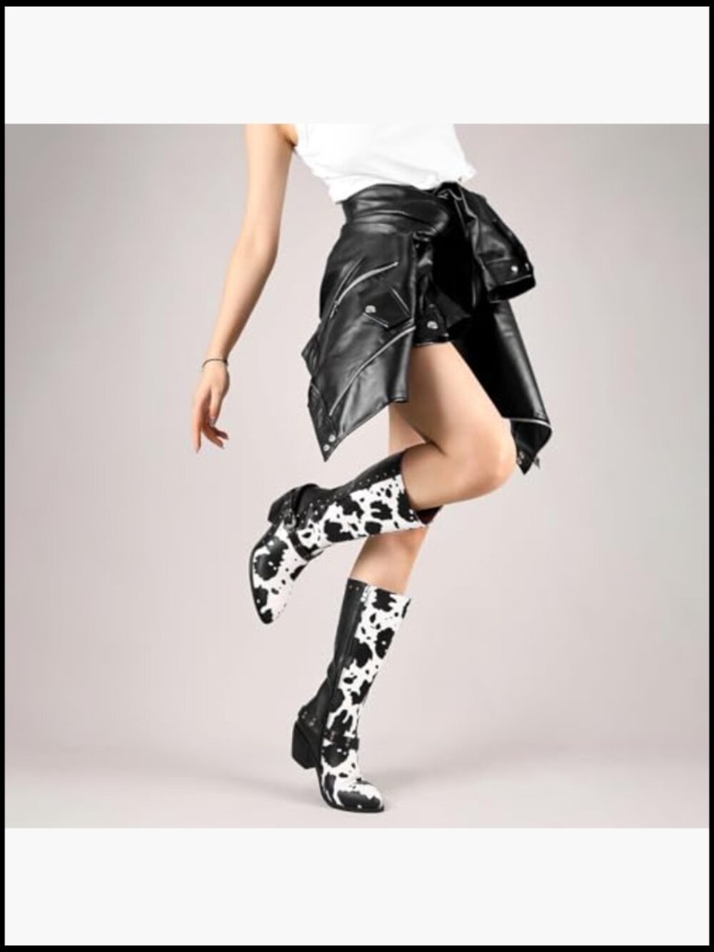 Studded Mid Calf Buckle Biker Boots Chunky Heel Zipper Cow Print - Picture 5 of 7